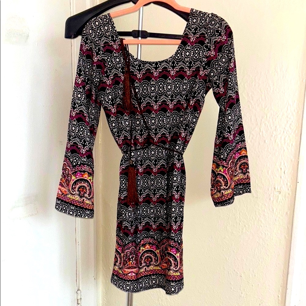 Derek Heart Deep Burgundy Sheath Dress with Bell Sleeves and Scoop Neck